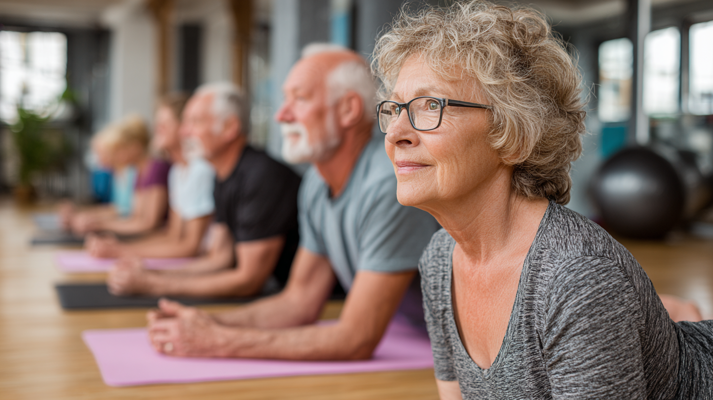 Grup de adulți maturi practicând exerciții de stretching în aer liber